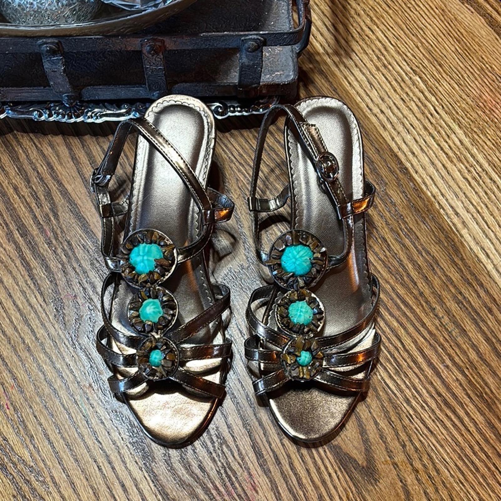 Brown And Teal Stone Gold Sandals With Strappy Design